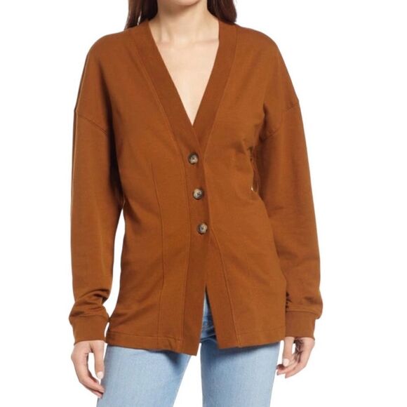 OPEN EDIT Women’s Button Front Sweatshirt Cardigan Brown Size Extra Small - Picture 1 of 9
